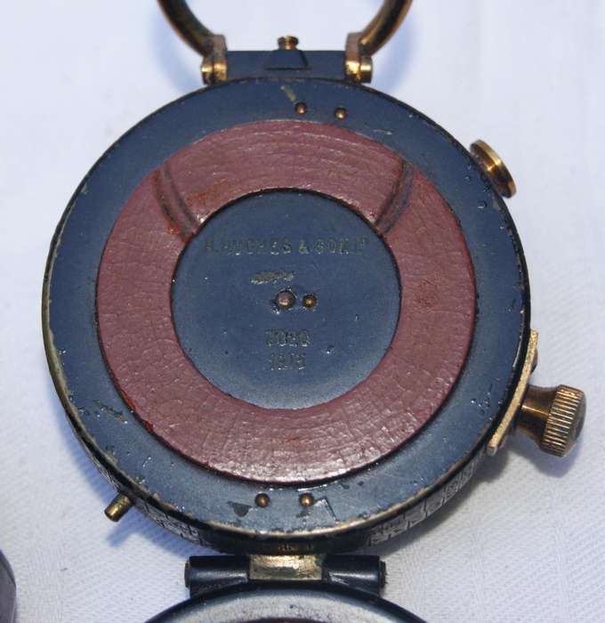 Antique WWI H. Hughes & Son Brass Marching Compass  Original Leather Case