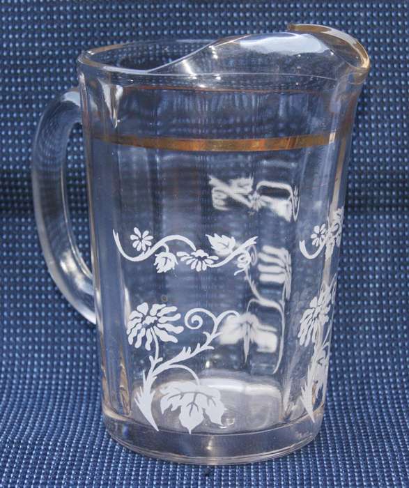 Vintage Floral Glass Jug with Gold Trim  Etched Design