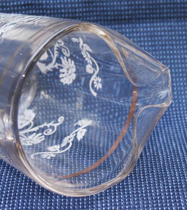 Vintage Floral Glass Jug with Gold Trim  Etched Design
