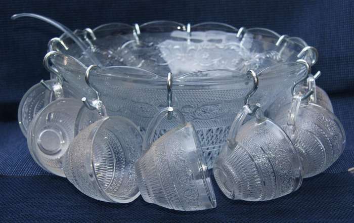 Vintage Pressed Glass Punch Bowl Set  12 Cups + Ladle