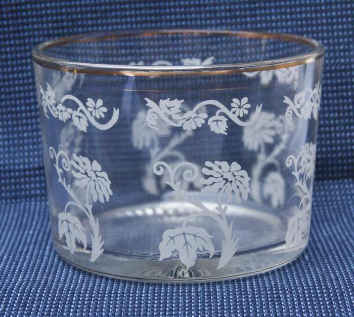 Vintage Gold-Rimmed Glass Ice Bucket  Etched Floral Design