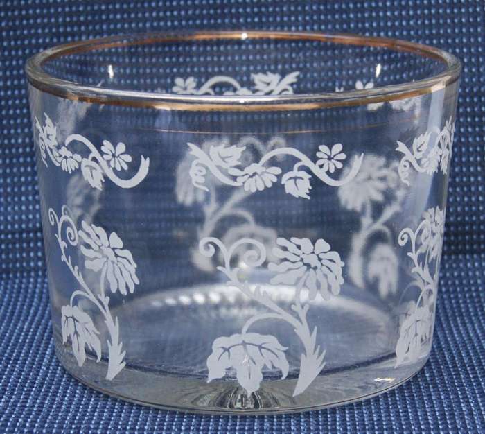 Vintage Gold-Rimmed Glass Ice Bucket  Etched Floral Design