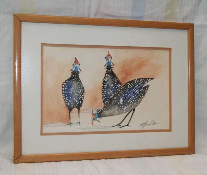 Original Signed J Manefeldt Watercolour 3 "Helmeted Guinea Fowl"