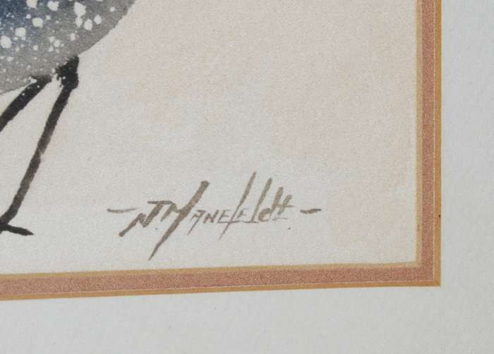 Original Signed J Manefeldt Watercolour 3 "Helmeted Guinea Fowl"