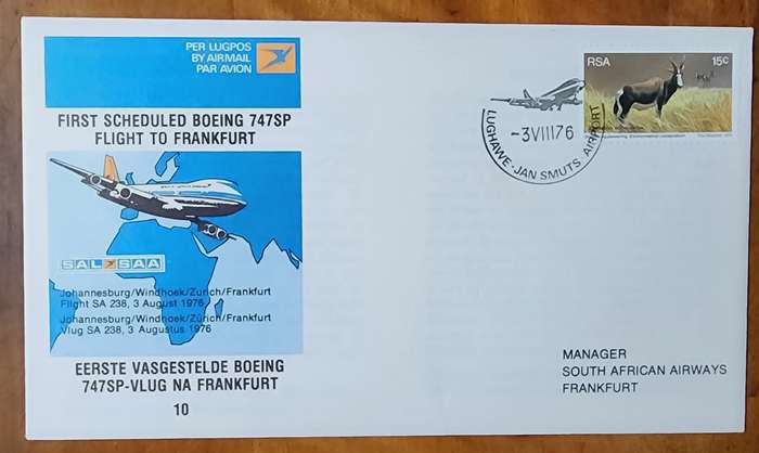 SAA FDC NO#10 FIRST SCHEDULED BOEING 747SP FLIGHT TO FRANKFURT