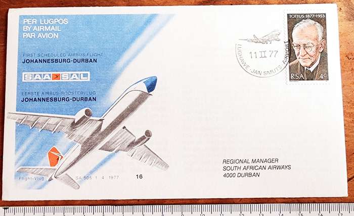 SAA FDC NO#16 FIRST SCHEDULE FLIGHT JOHANNESBURG-DURBAN 1977