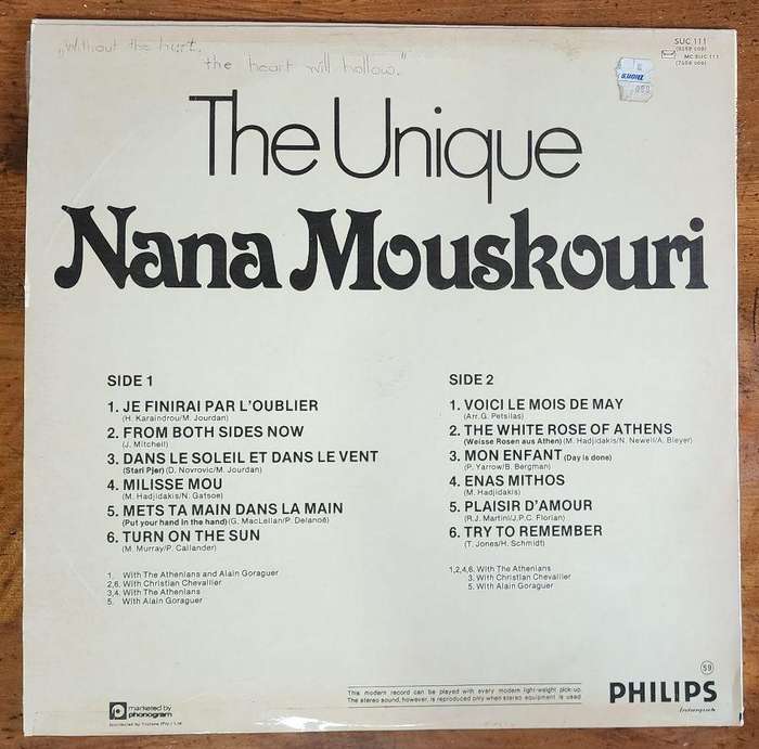 The Unique Nana Mouskouri:  Vinyl LP Record  Very-Good Quality