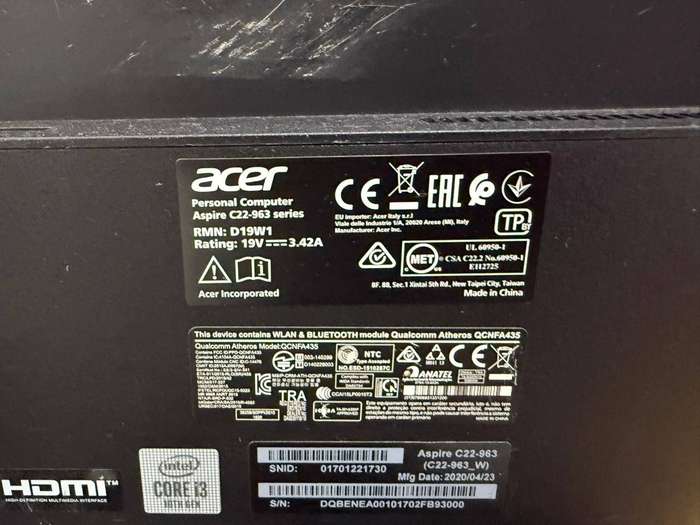  Acer Aspire C22-963 All-in-One PC  i3 / 16GB RAM / 256GB SSD 