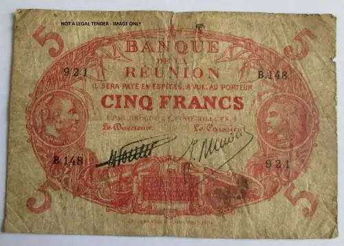 1938 Reunion 5 Francs Serial No 921 B148