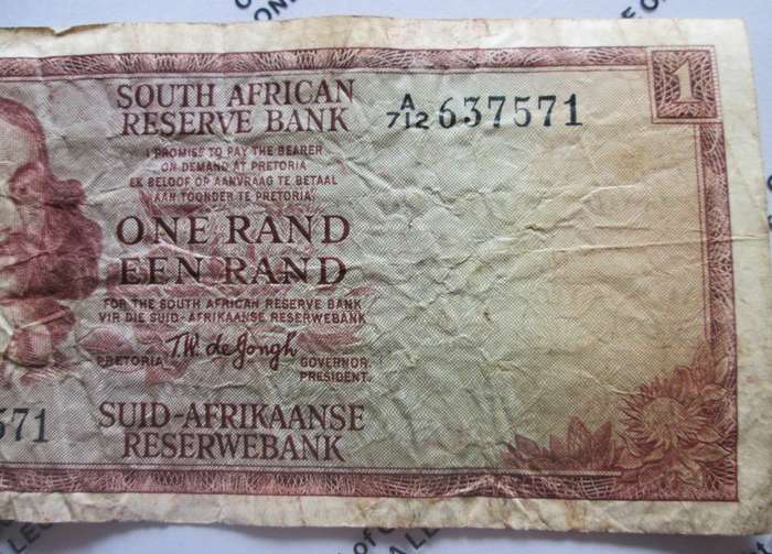 One Rand Republic of South Africa Serial Nr A712 637571