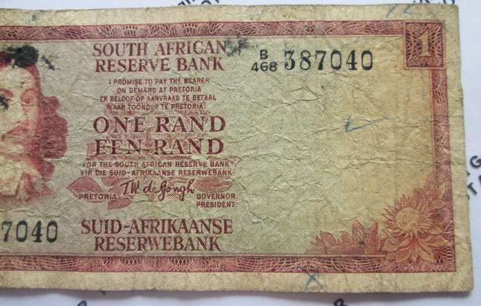 One Rand Republic of South Africa Serial Nr B468 387040