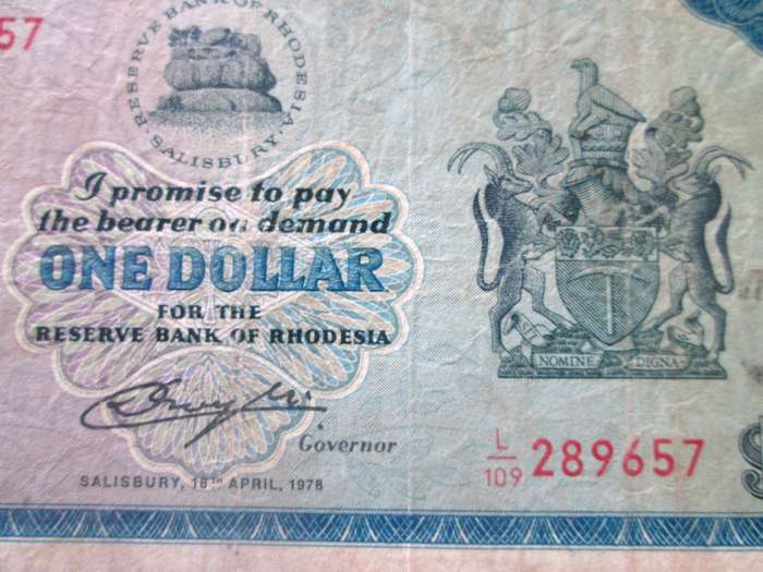 1978 One Dollar Reserve Bank of Rhodesia Serial No L109 289657 Watermark Cecil Rhodes