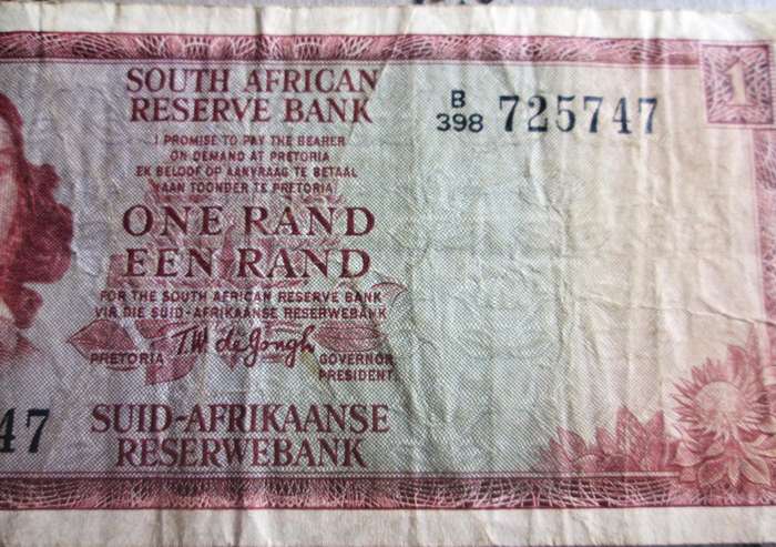 One Rand Republic of South Africa Serial Nr B398 725747