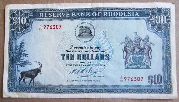 1973 Rhodesia Banknote Ten Dollars Serial Nr J20 976307 Watermark Cecil Rhodes