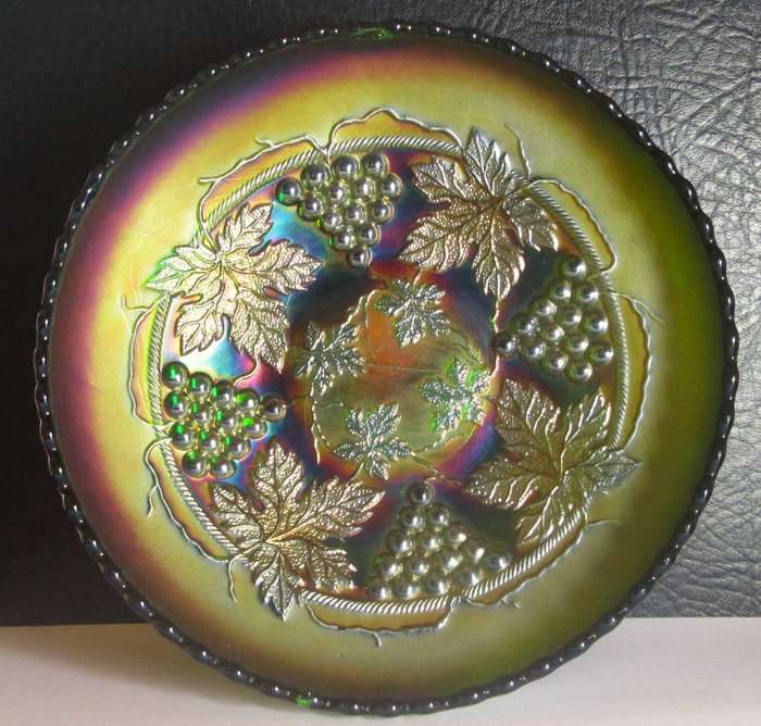 1914 - 1927 Fenton Carnival Glass Green Grape and Cable Ice Cream Shape Bowl