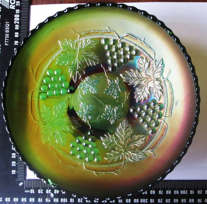 1914 - 1927 Fenton Carnival Glass Green Grape and Cable Ice Cream Shape Bowl