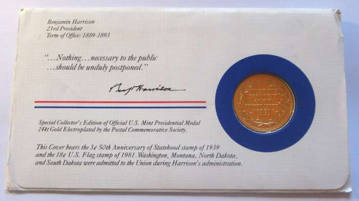1984 Benjamin Harris 23rd President US Mint Presidential Medal Postal Cover