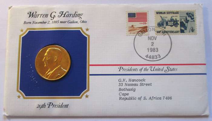 1983 Warren G Harding 29th President US Mint Presidential Medal Postal Cover