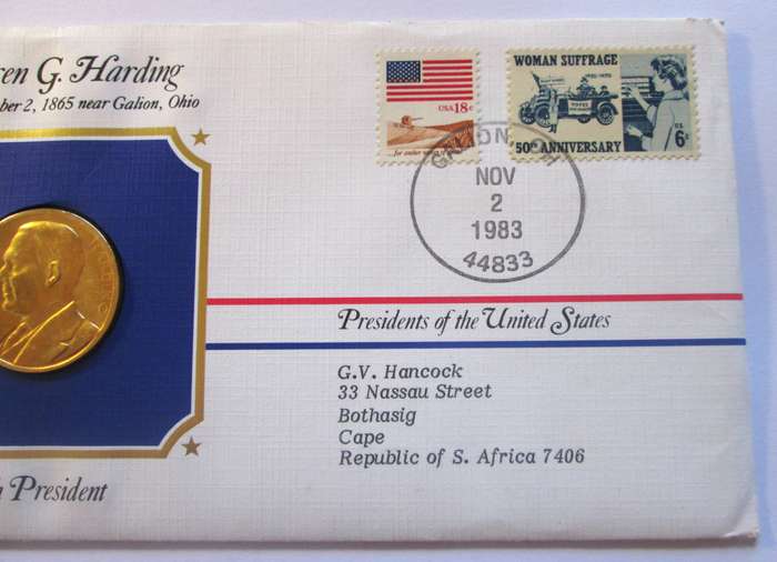 1983 Warren G Harding 29th President US Mint Presidential Medal Postal Cover