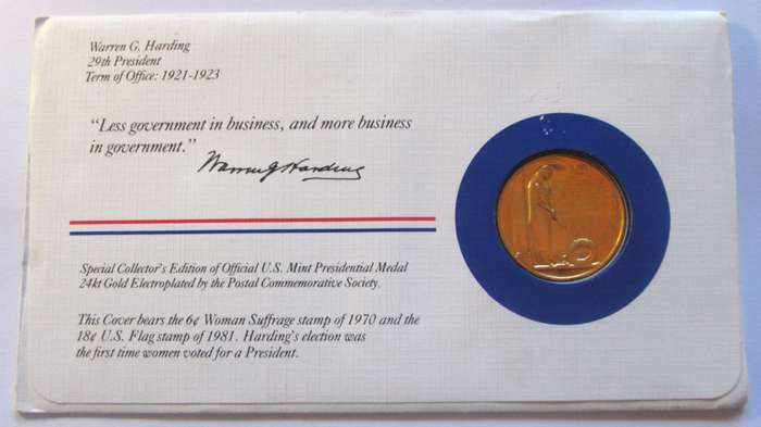 1983 Warren G Harding 29th President US Mint Presidential Medal Postal Cover