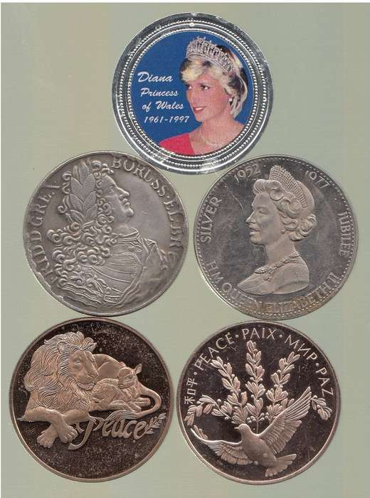 Five Crown-size Commemorative Medals
