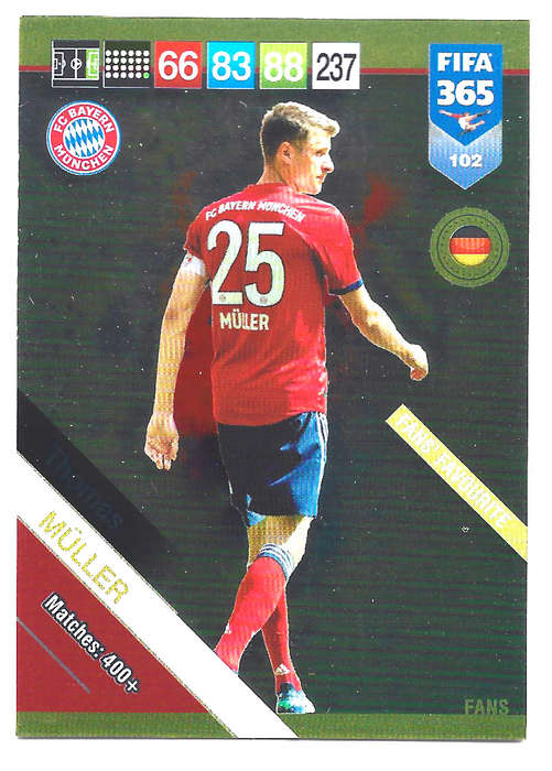 THOMAS MULLER - PANINI FIFA 365 2019 COLLECTION - FOIL `FANS FAVOURITE` TRADING CARD 102