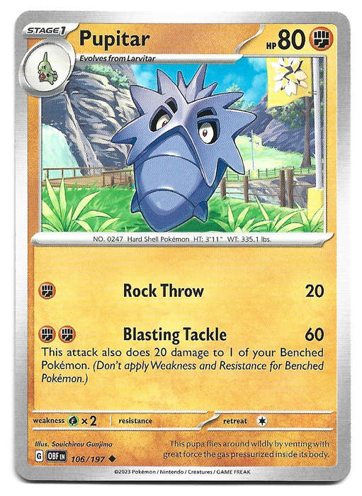PUPITAR -  COMMON  106/197  POKEMON TCG OBSIDIAN FLAMES TRADING CARD