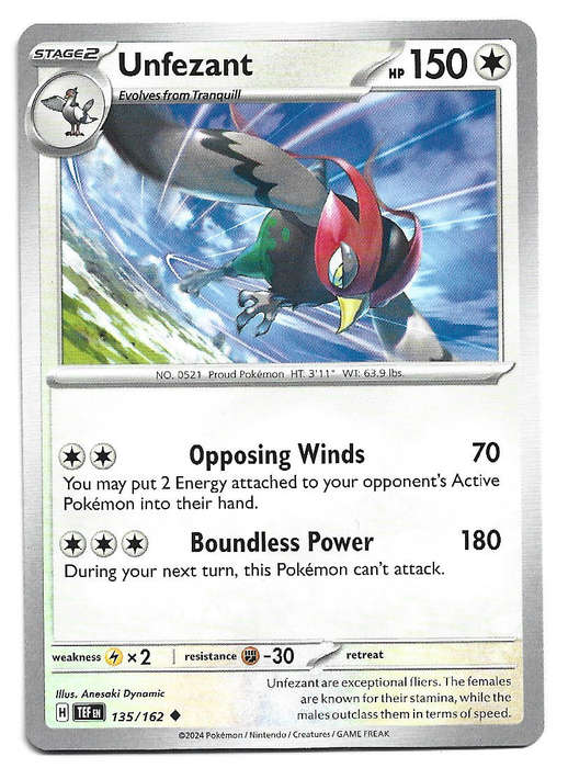 UNFEZANT - UNCOMMON 135/162 POKEMON TCG TEMPORAL FORCES TRADING CARD