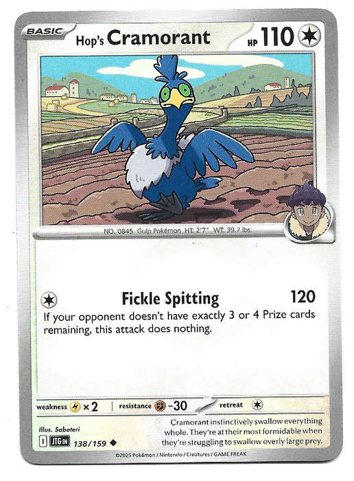 HOP's CRAMORANT - COMMON  138/159 POKEMON TCG JOURNEY TOGETHER TRADING CARD