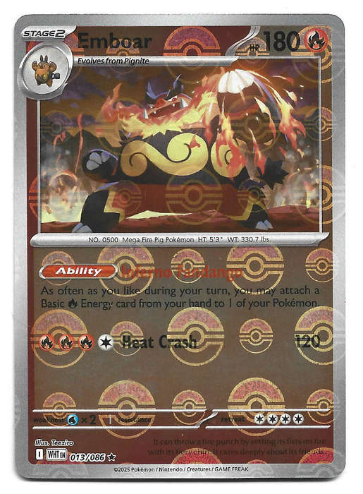 EMBOAR - POKE BALL HOLO  13/86 POKEMON TCG WHITE FLARE TRADING CARD