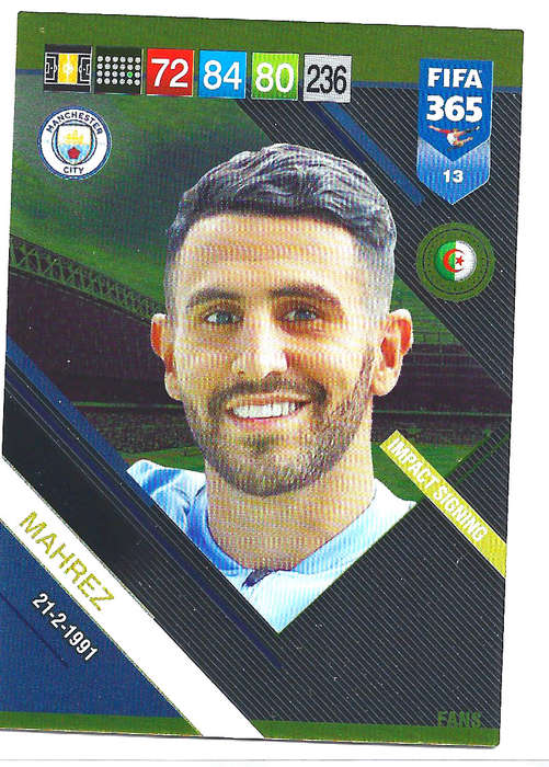 RIYAD MAHREZ - PANINI FIFA 365 2019 COLLECTION - FOIL `FANS FAVOURITE` TRADING CARD 13