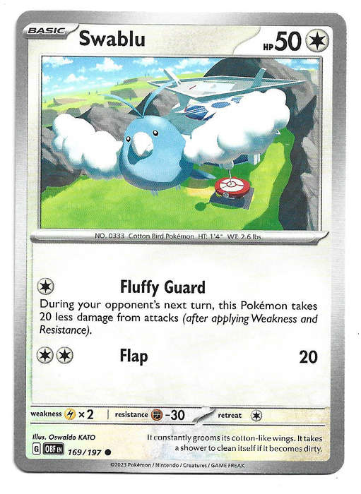 SWABLU -  COMMON   169/197 POKEMON TCG S&V  OBSIDIAN FLAMES  TRADING CARD