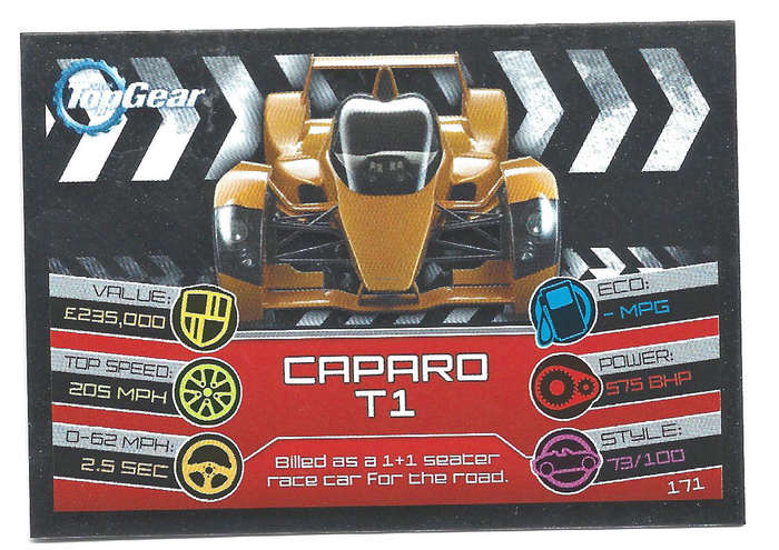 CAPARO T1 - TOPPS BBC TOP GEAR `TURBO ATTAX 2014/15 - RARE FOIL TRADING CARD 171