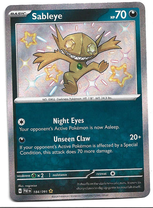 SABLEYE  -  SHINY RARE  184/91 POKEMON TCG PALDEAN FATES  TRADING CARD
