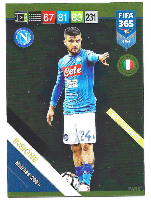 LORENZO INSIGNE - PANINI FIFA 365 2019 COLLECTION - FOIL `FANS FAVOURITE` TRADING CARD 191