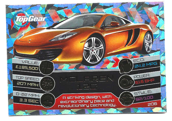MCLAREN 12C - TOPPS BBC TOP GEAR `TURBO ATTAX 2014/15 -S/RARE FOIL TRADING CARD 206