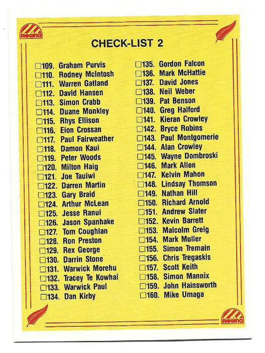 CHECKLIST - 1991 NEW ZEALAND RUGBY (REGINA) - CHECKLIST 2 `TRADING CARD  217