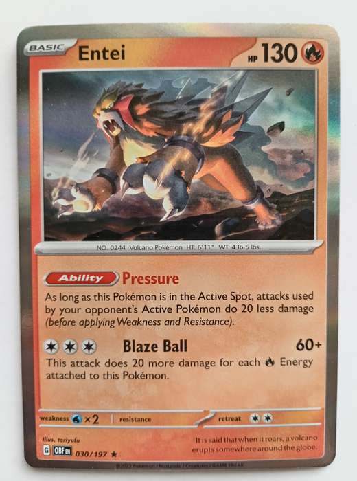 POKEMON CARD - ENTEI   30/197 HOLO RARE OBSIDIAN FLAMES 2023 - MINT