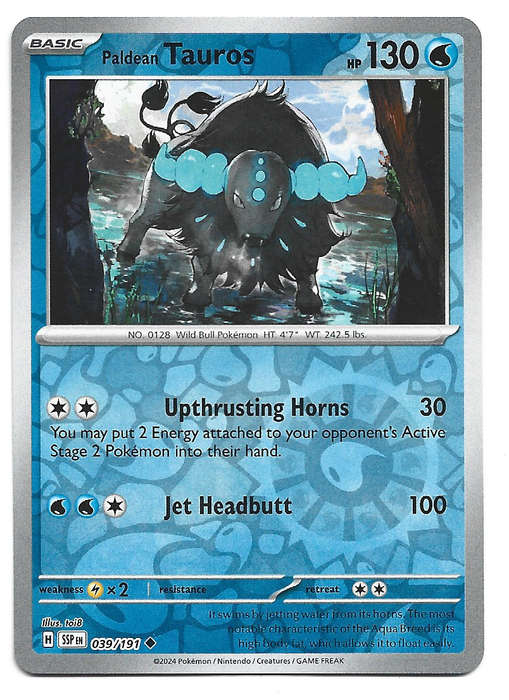 PALDEAN TAUROS  - REVERSE HOLO POKEMON TCG SURGING SPARKS  39/191 TRADING CARD