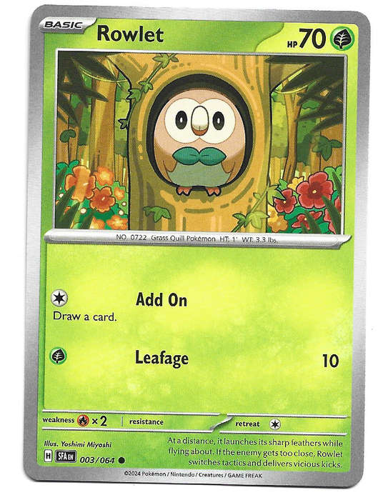 POKEMON CARD - ROWLET  3/64 Common Shrouded Fable Trading Card - Mint