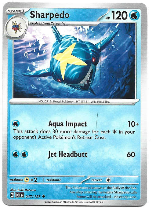 SHARPEDO -   47/197 COMMON POKEMON TCG OBSIDIAN FLAMES TRADING CARD