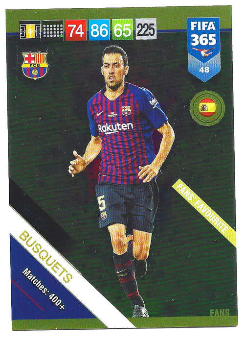 SERGIO BUSQUETS - PANINI FIFA 365 2019 COLLECTION - FOIL `FANS FAVOURITE` TRADING CARD 48