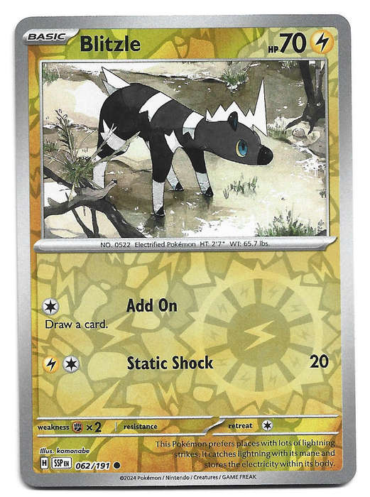 BLITZLE -  REVERSE HOLO  62/191 POKEMON TCG SURGING SPARKS TRADING CARD