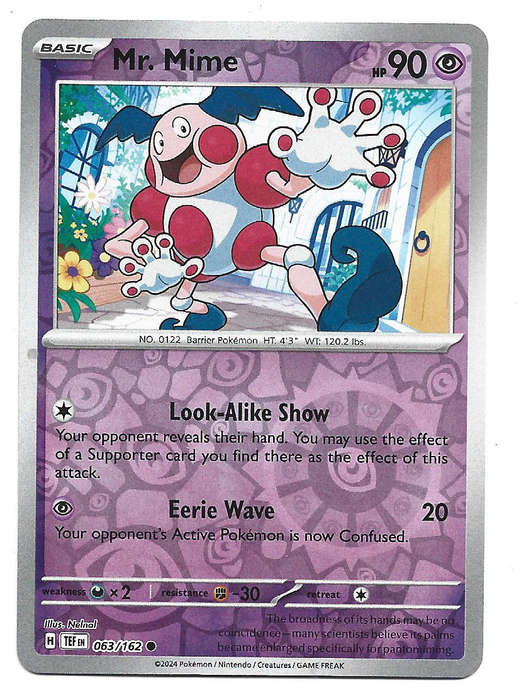 Mr. MIME - REVERSE HOLO  63/162 POKEMON TCG TEMPORAL FORCES TRADING CARD