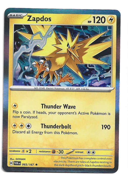 ZAPDOS - HOLO RARE  65/167 POKEMON TCG TWILIGHT MASQUERADE TRADING CARD