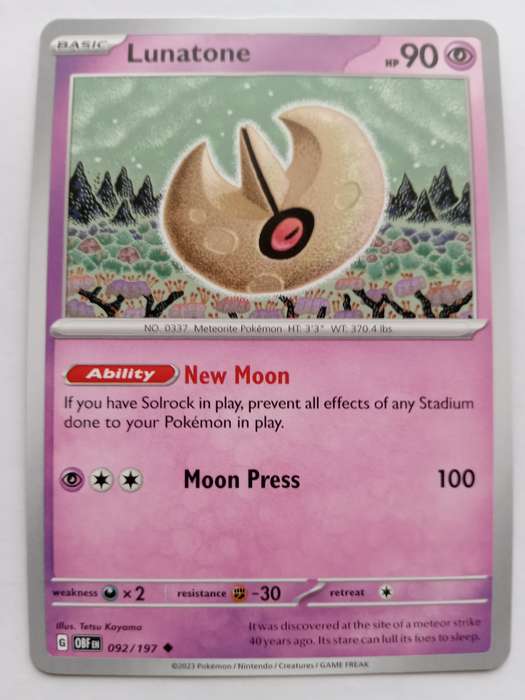 POKEMON CARD - LUNATONE  92/197 COMMON OBSIDIAN FLAMES 2023 - MINT