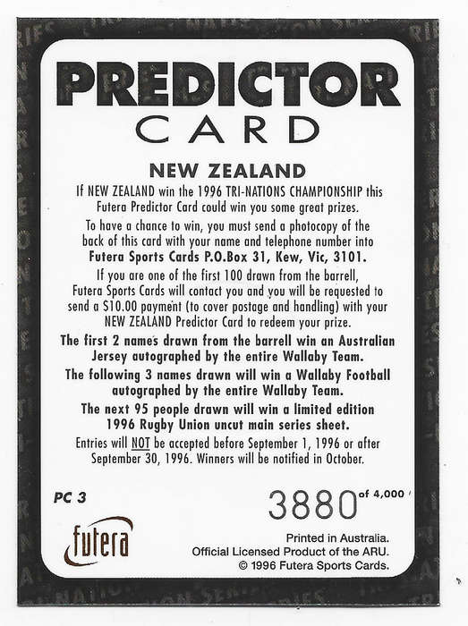 ALL BLACKS - FUTERA RUGBY 1996 COLLECTION - `HOBBY` GOLD `PREDICTOR` CARD PC2 3880 of 4000