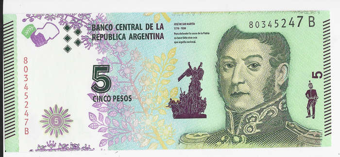 CENTRAL BANK of ARGENTINA  - 5 PESOS BANK NOTE  - NOTE in UNC CONDITION