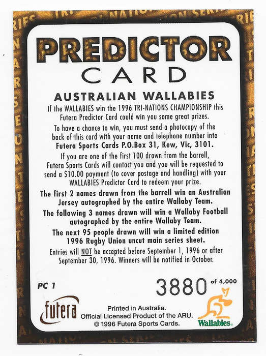 AUSTRALIA - FUTERA RUGBY 1996 COLLECTION - `HOBBY` GOLD `PREDICTOR` CARD PC2 3880 of 4000