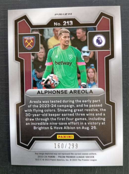 A. AREOLA (West Ham) - PANINI PREMIER LEAGUE PRIZM 2024 - BLUE PRIZM TRADING CARD 160 of 299